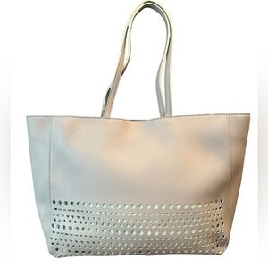 Light gray & mint green die cut tote, large, vegan leather.‎